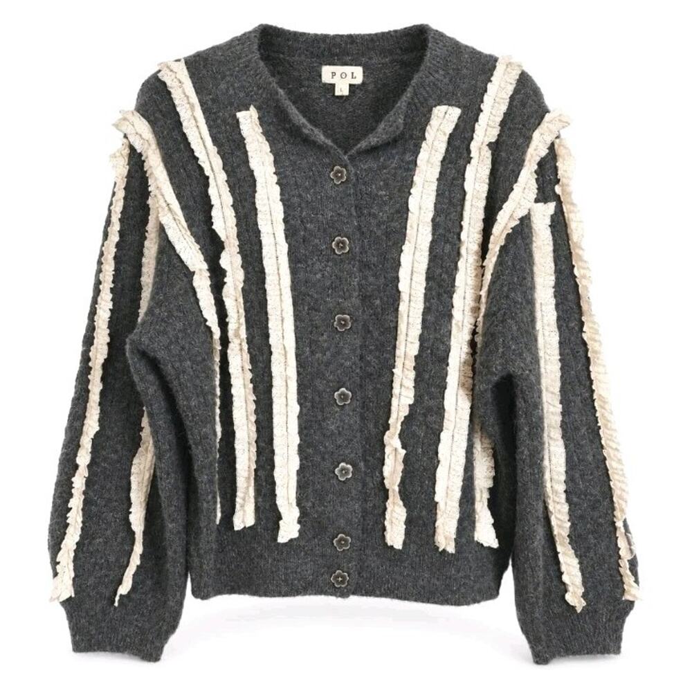 POL Cardigan Sweater Ruffle Lace Trim Boho Cottagecore Charcoal Grey Large New